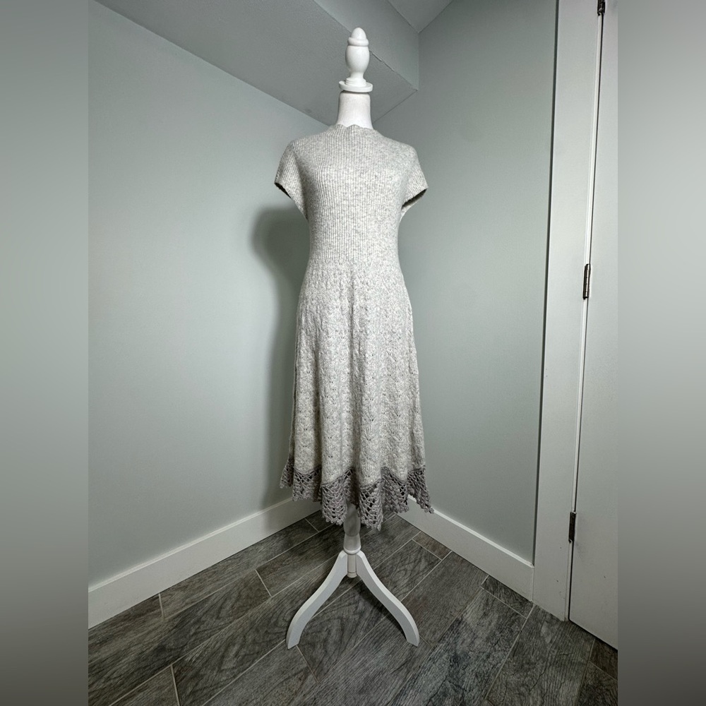 Anthropologie Feather Bone Oda Crochet Wool Alpaca Blend Sweater Gray Dress M - Picture 4 of 17